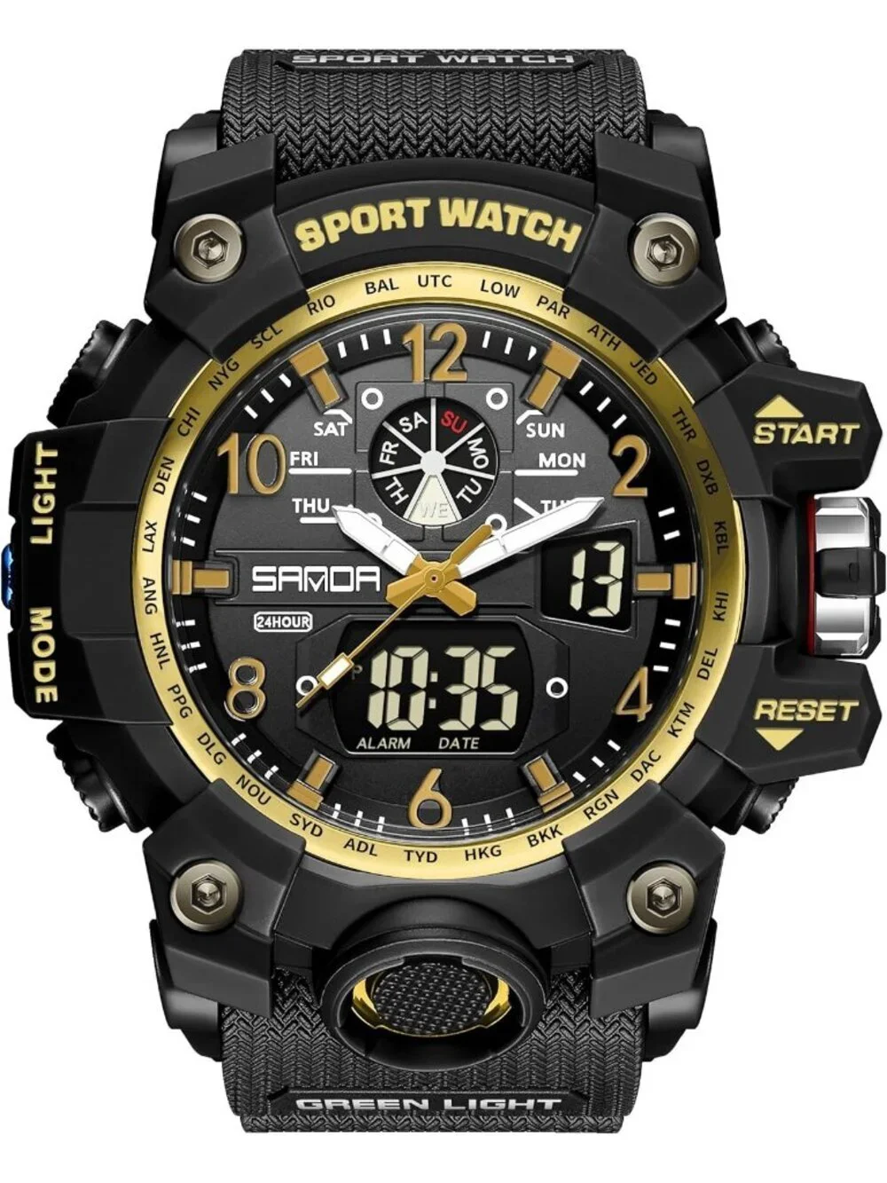 Men's Black Gold Analog Quartz Waterproof Multi Function Tactics Digital Watch
